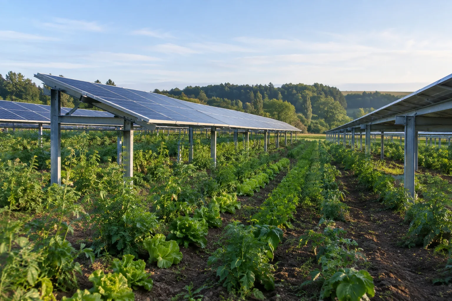 Panneaux solaires surélevés au-dessus d’une parcelle cultivée.