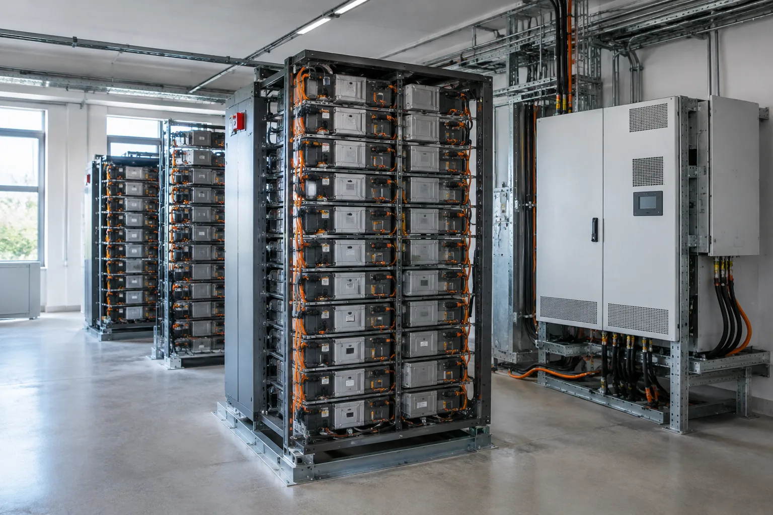 Modules de batteries réutilisées installés dans une salle de stockage stationnaire.