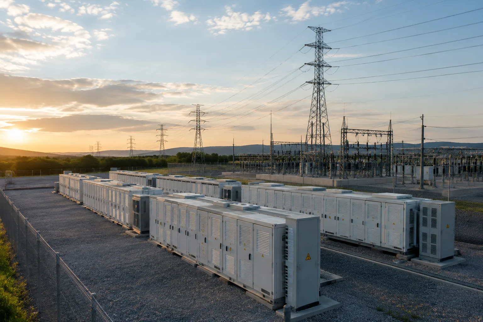 Batteries de stockage installées à proximité d’infrastructures de transport d’électricité.