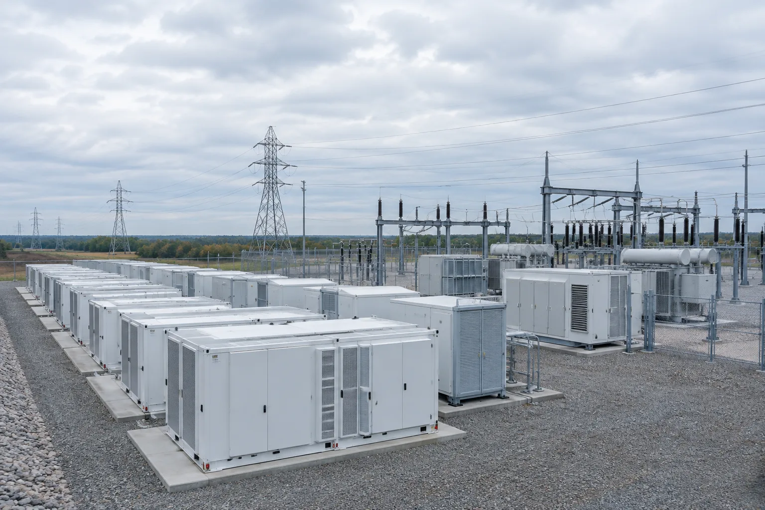 Conteneurs de batteries de stockage installés à proximité d’un poste électrique et de lignes de transport.