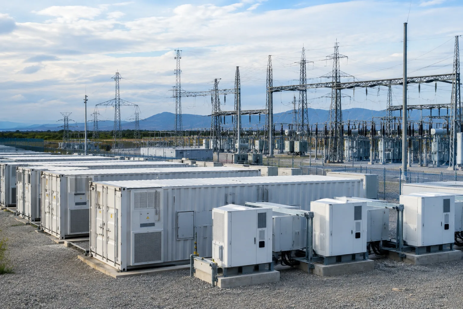 Batteries de stockage raccordées à une sous-station électrique et à des lignes de transport.