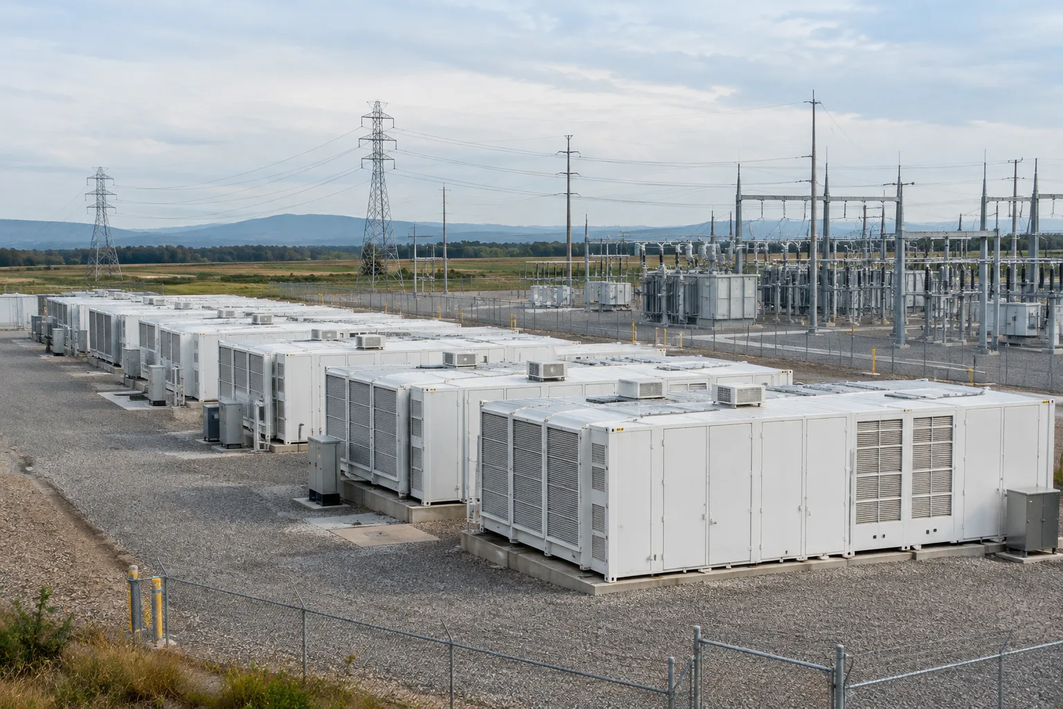 Conteneurs de batteries de stockage installés à proximité d’une infrastructure électrique.
