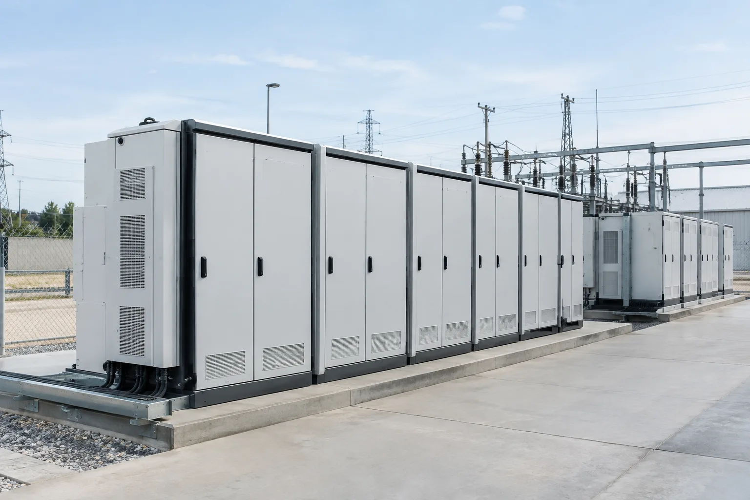 Rangées de modules de batteries stationnaires dans une installation de stockage raccordée au réseau électrique.