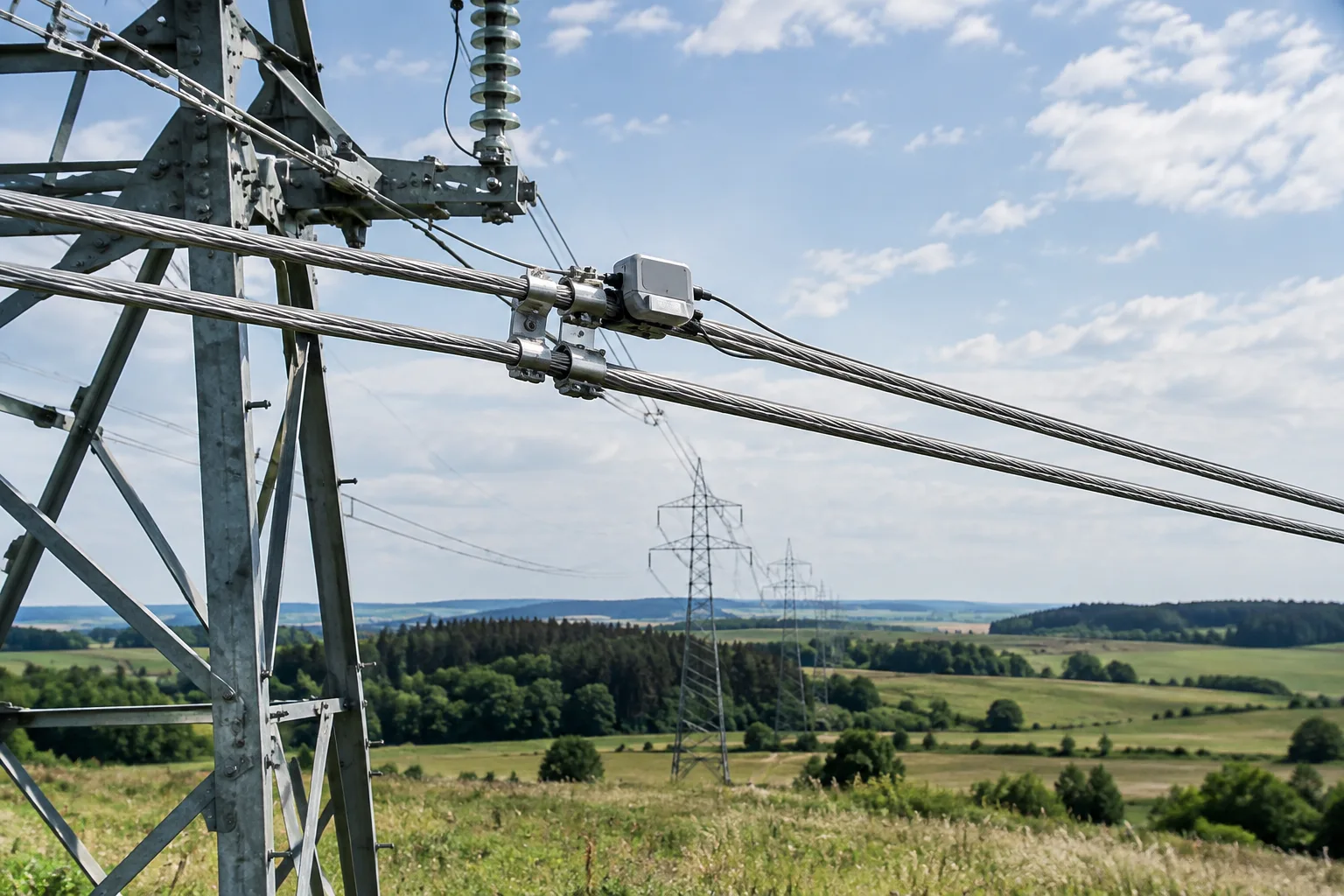 Capteur installé sur une ligne électrique aérienne au milieu d’un paysage rural.
