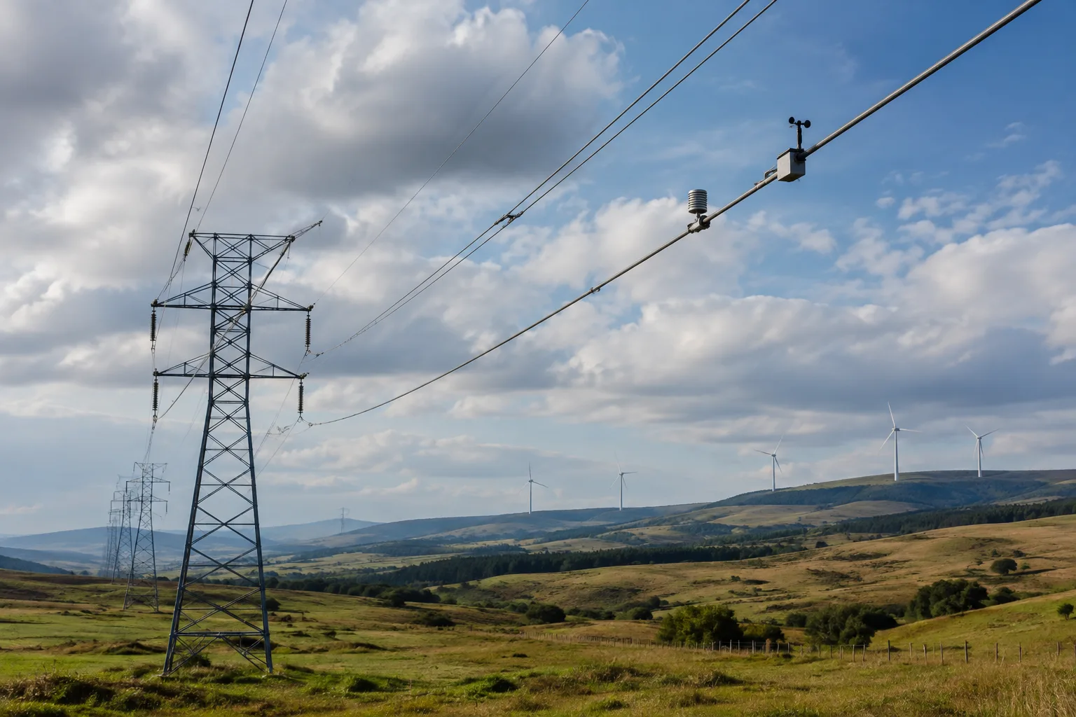 Lignes électriques à haute tension équipées de capteurs, avec des éoliennes visibles au loin.