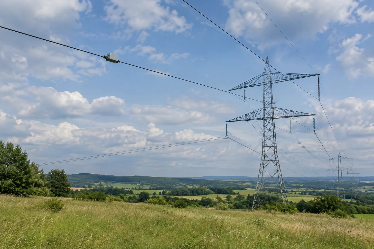 Lignes électriques à haute tension équipées d’un capteur dans un paysage rural.