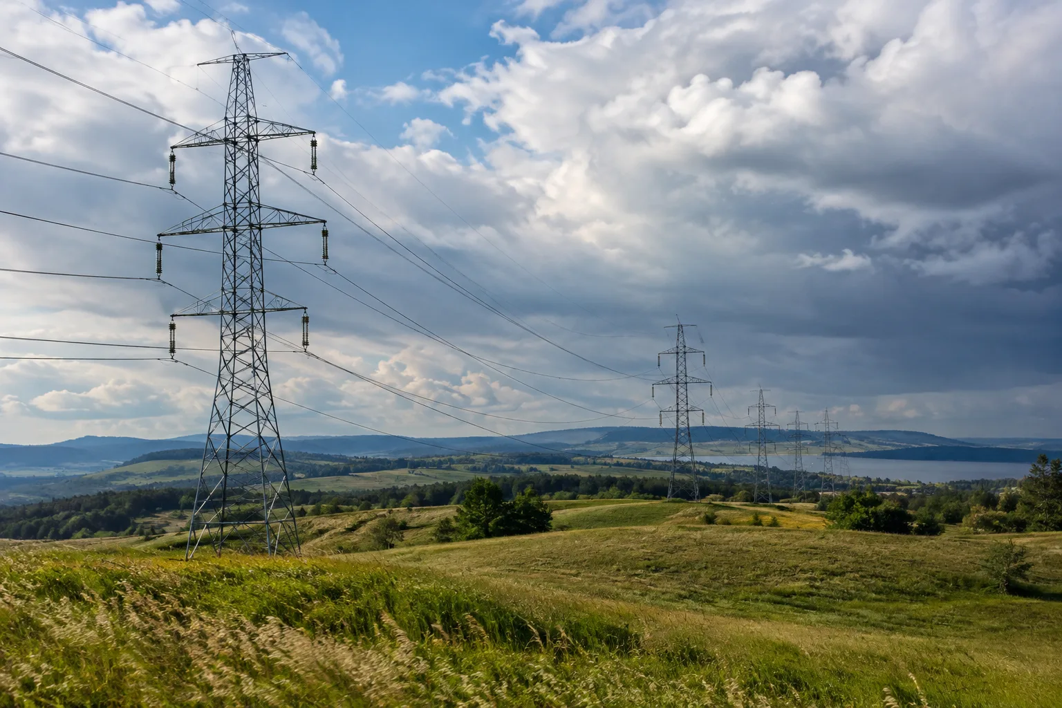 Lignes électriques à haute tension traversant un paysage sous un ciel partiellement nuageux.