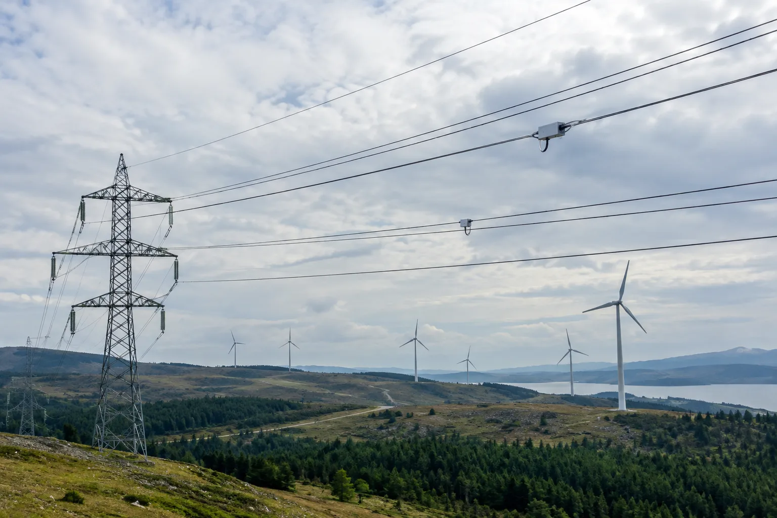 Lignes à haute tension équipées de capteurs, avec des éoliennes visibles à l’arrière-plan.