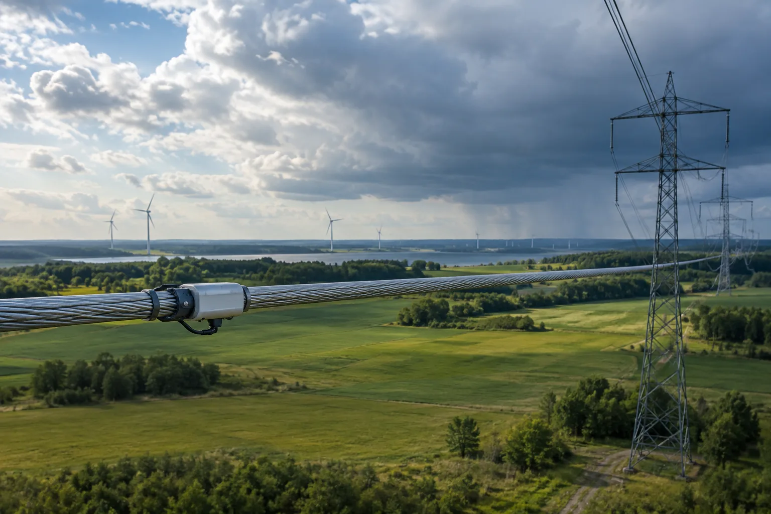 Lignes électriques à haute tension équipées d’un capteur, traversant un paysage rural sous un ciel nuageux.