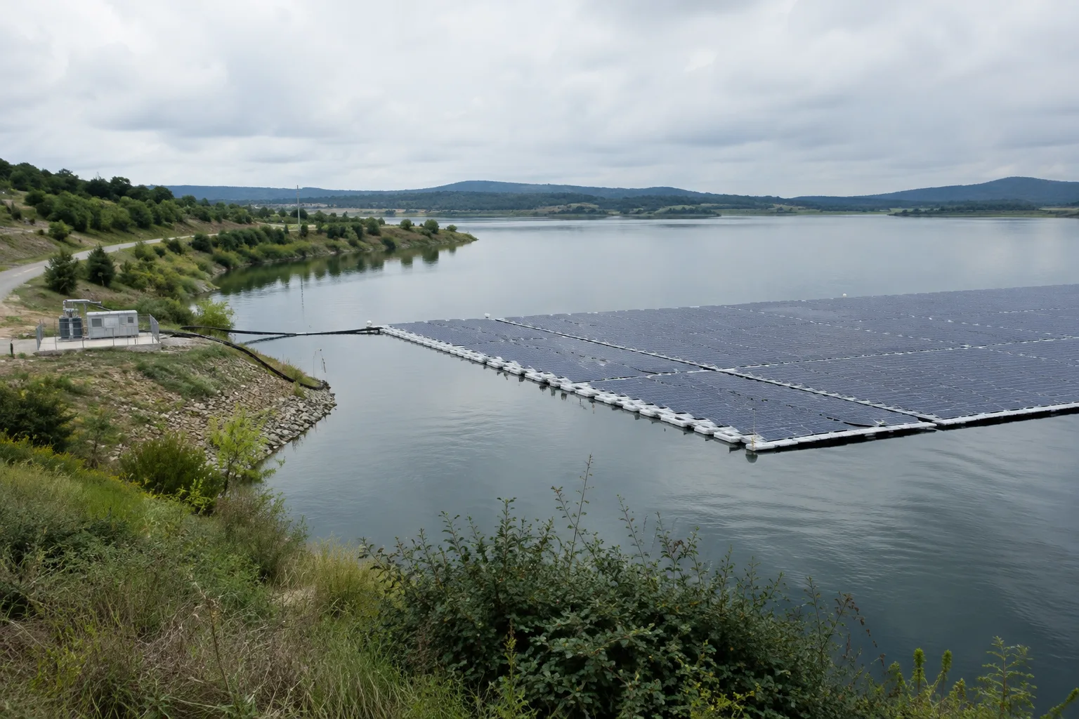 Panneaux photovoltaïques flottants installés sur une partie d’un réservoir bordé de végétation.