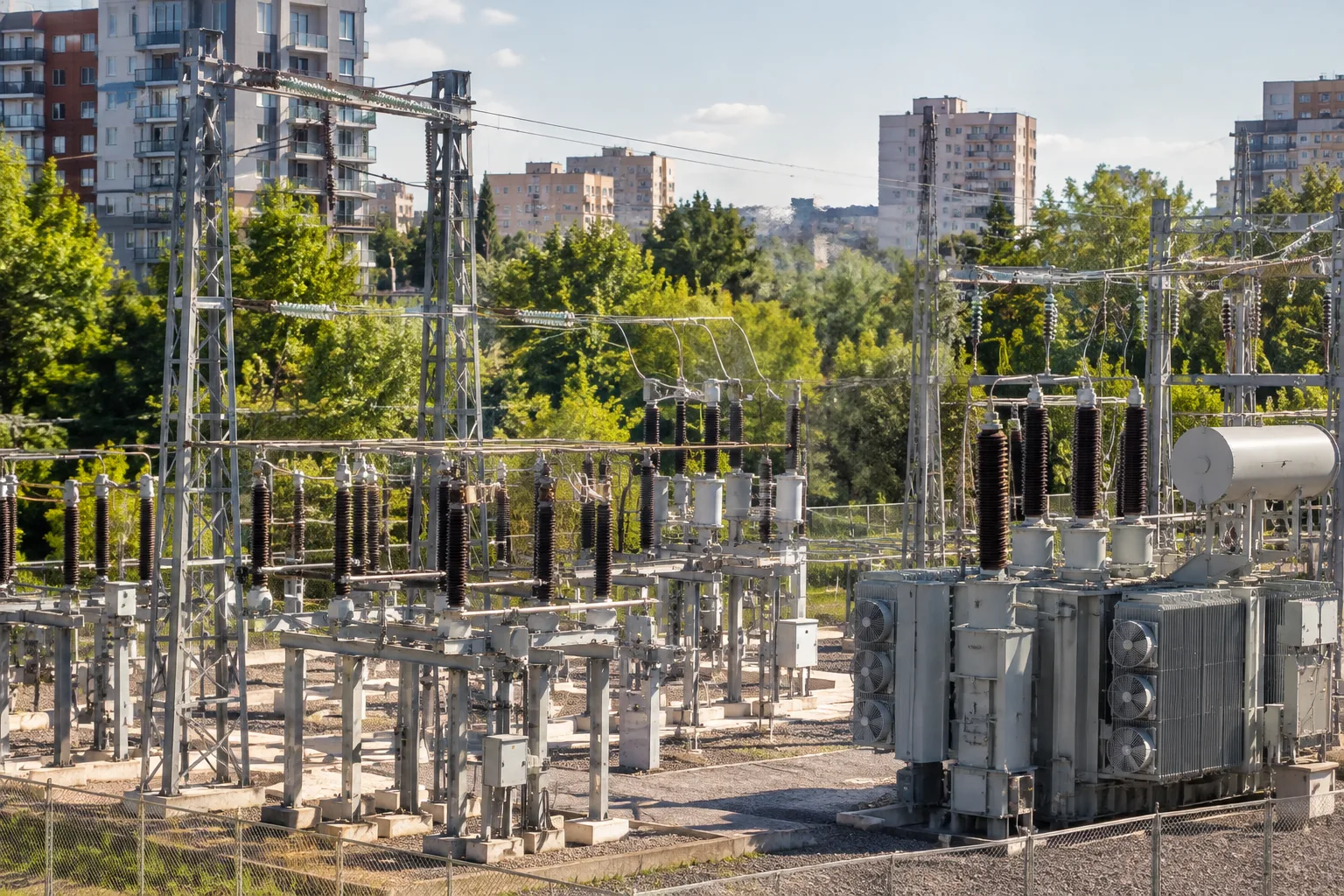Un poste électrique urbain entouré d’immeubles et d’arbres lors d’une chaude journée d’été.