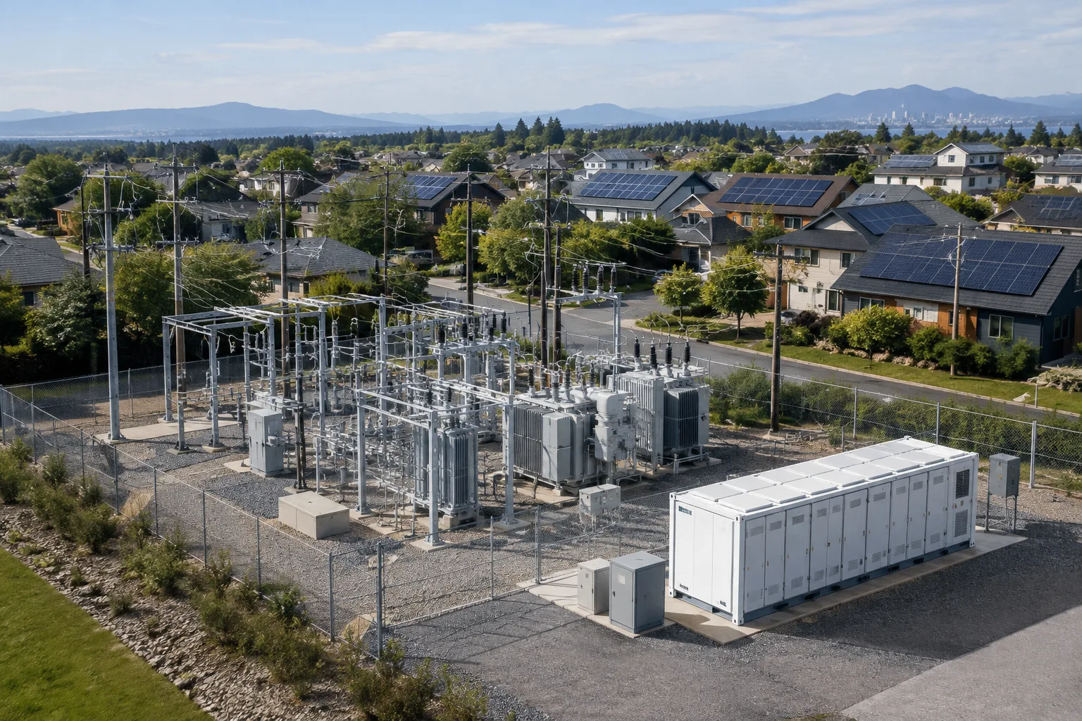 Poste de distribution électrique relié à un quartier équipé de panneaux solaires et d’un système de stockage.