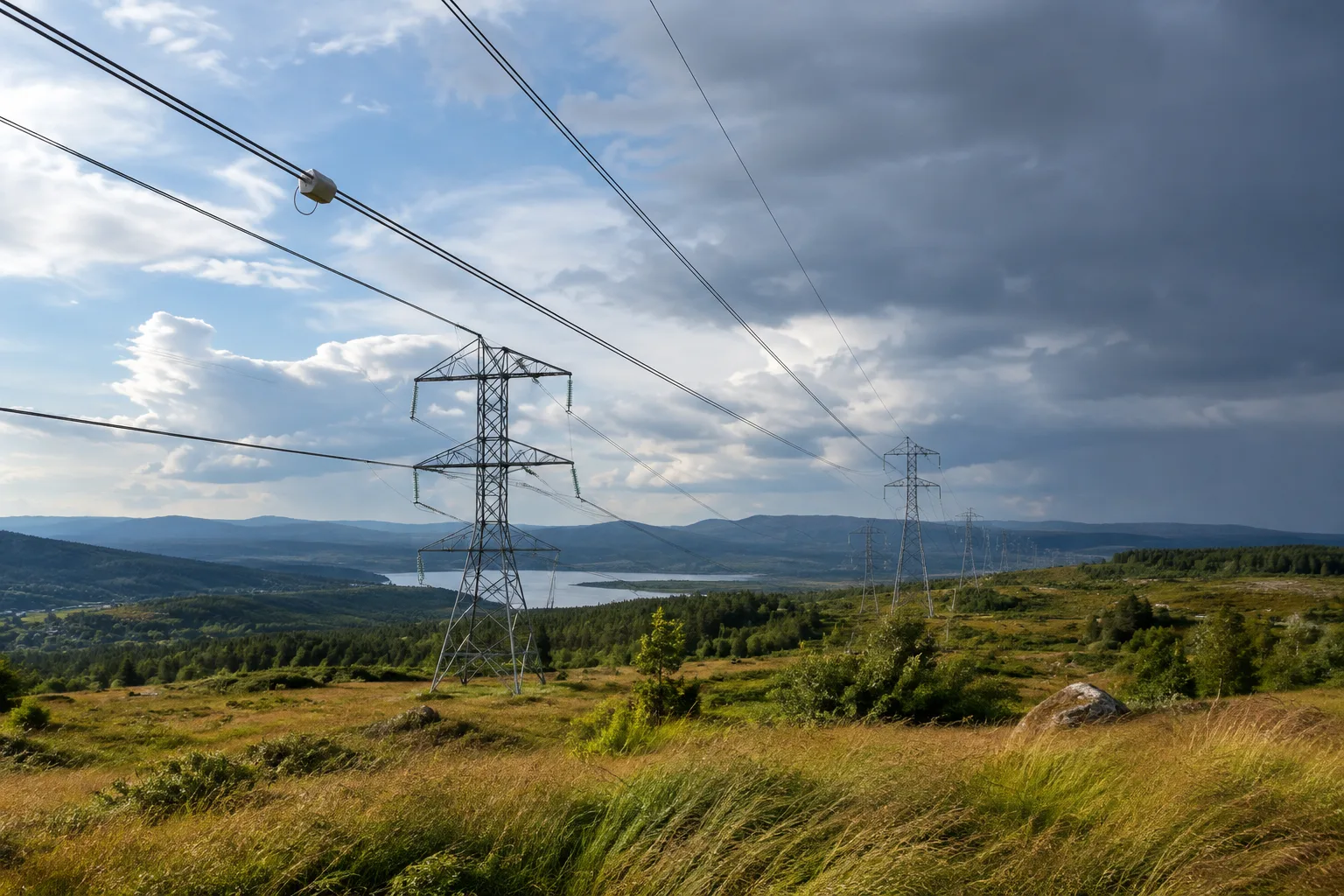 Ligne électrique aérienne équipée d’un capteur, traversant un paysage rural sous un ciel changeant.