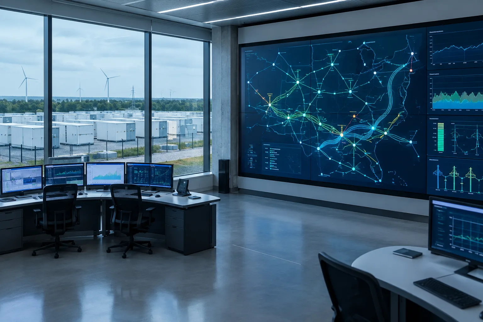 Salle de conduite électrique équipée d’écrans de supervision, avec un site de stockage visible à l’arrière-plan.