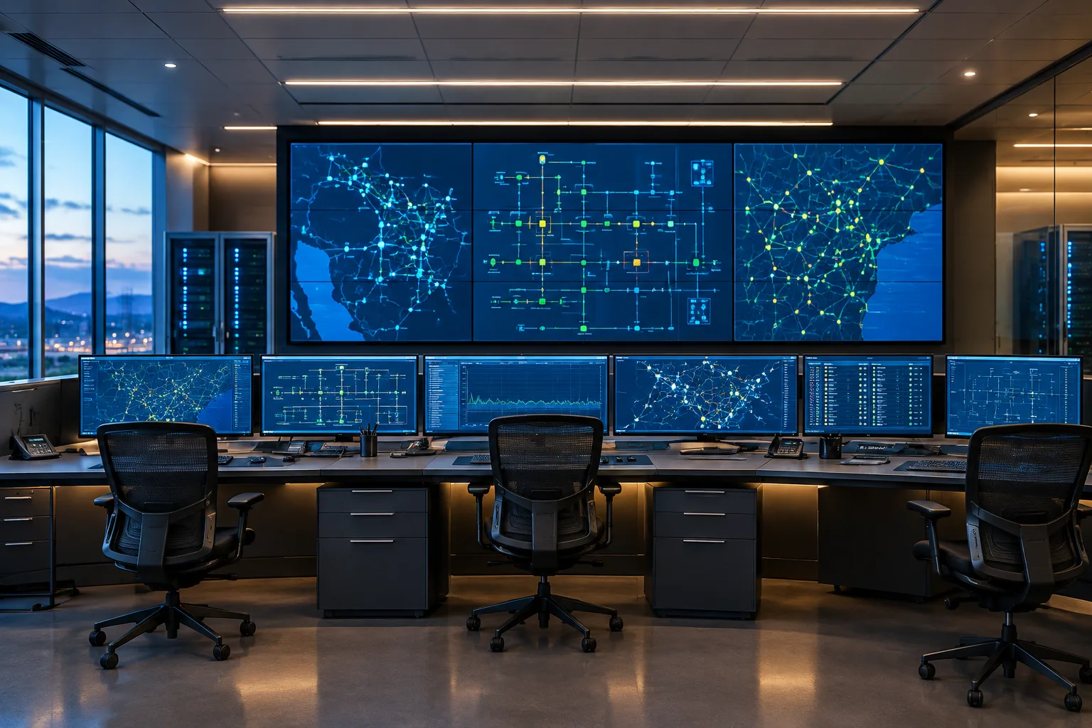 Salle de conduite d’un réseau électrique avec des écrans de supervision et des équipements informatiques.
