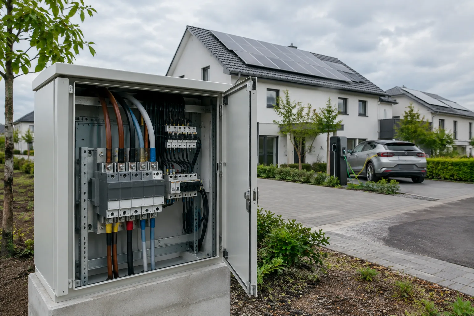 Armoire de distribution basse tension dans un quartier équipé de panneaux solaires et d’une borne de recharge.