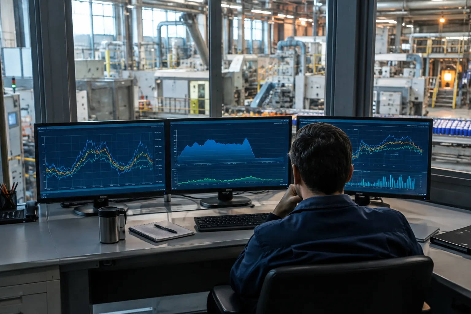 Un technicien observe les courbes de charge d’un site industriel depuis une salle de contrôle.