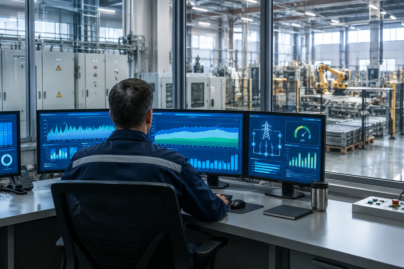 Un opérateur observe les équipements d’une usine depuis une salle de pilotage électrique.