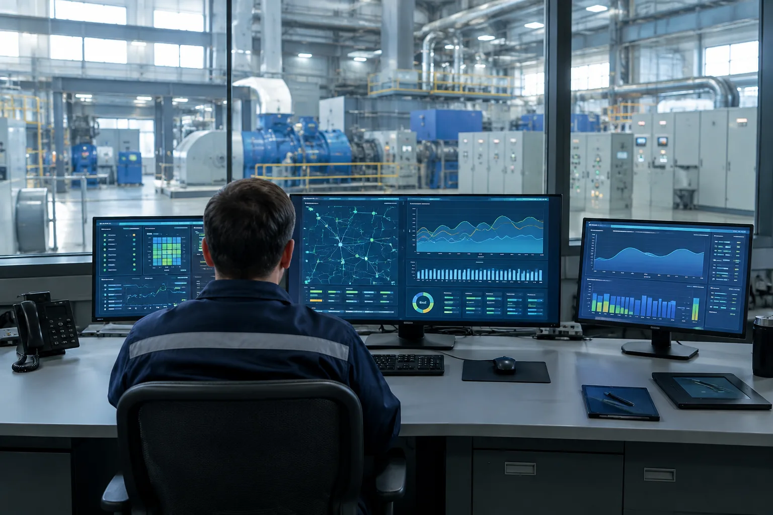 Salle de contrôle industrielle où un opérateur suit les équipements et la consommation électrique du site.