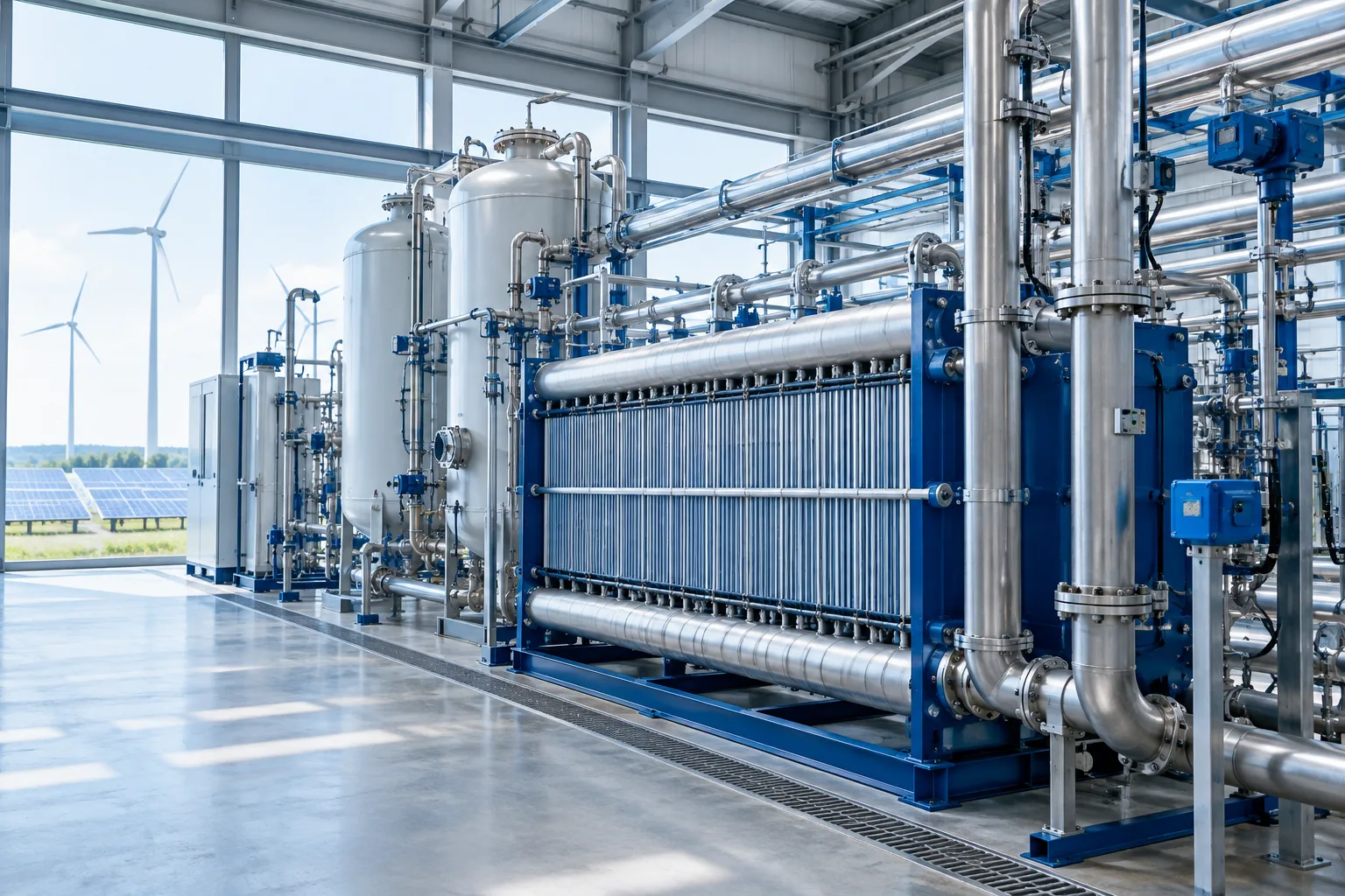 Équipements d’une installation industrielle de production d’hydrogène par électrolyse.