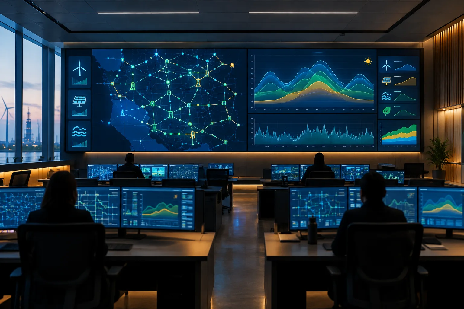 Salle de conduite d’un réseau électrique avec des écrans de suivi des flux et de la production.
