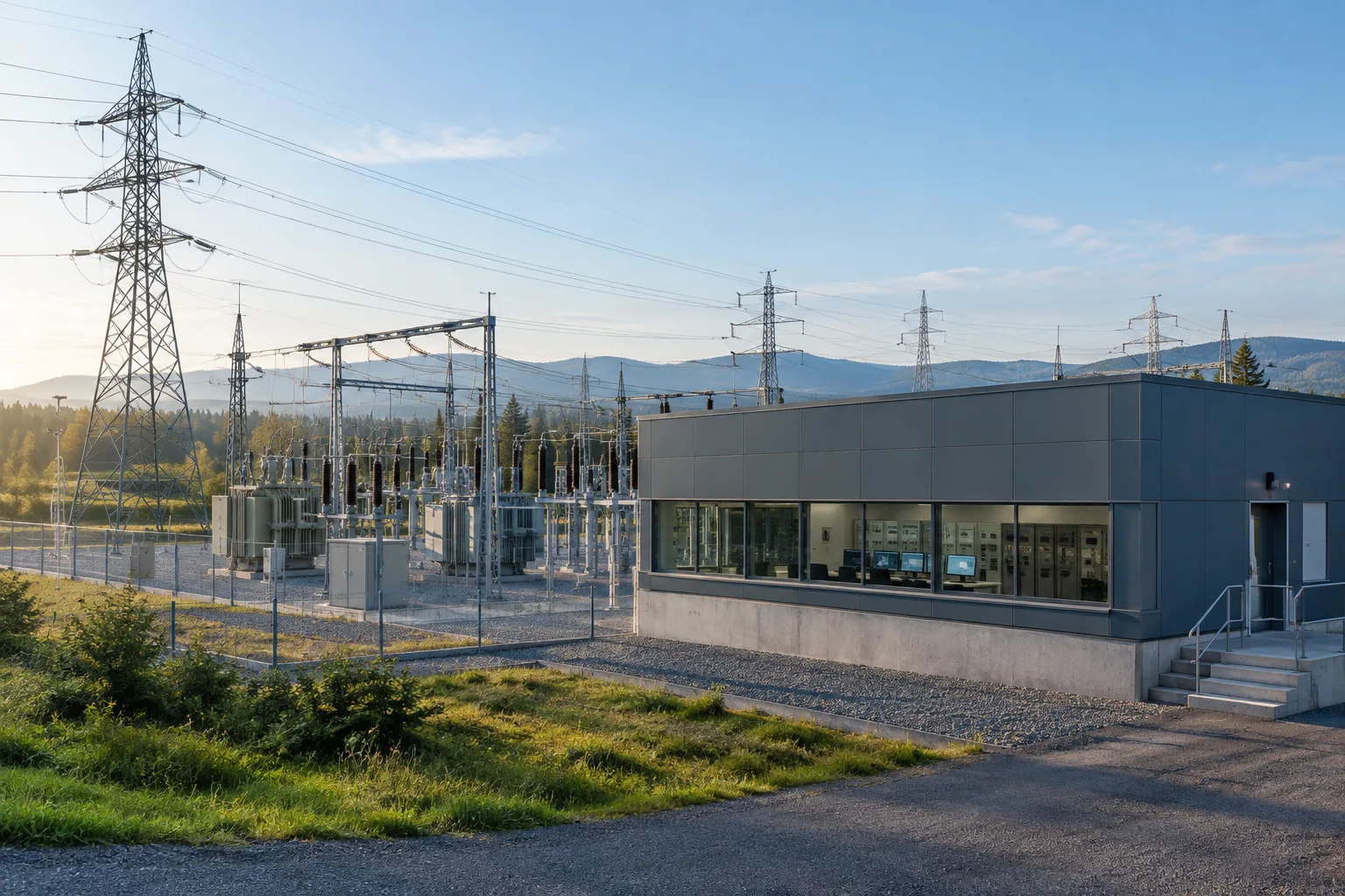 Site industriel raccordé au réseau électrique, avec une sous-station et des lignes à haute tension.