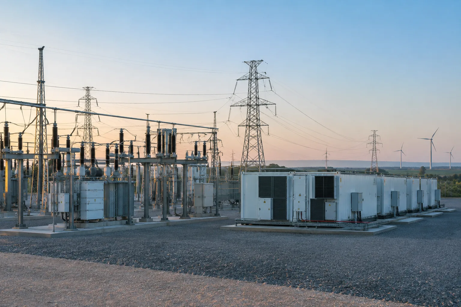 Batteries de stockage installées près d’un poste électrique relié au réseau.