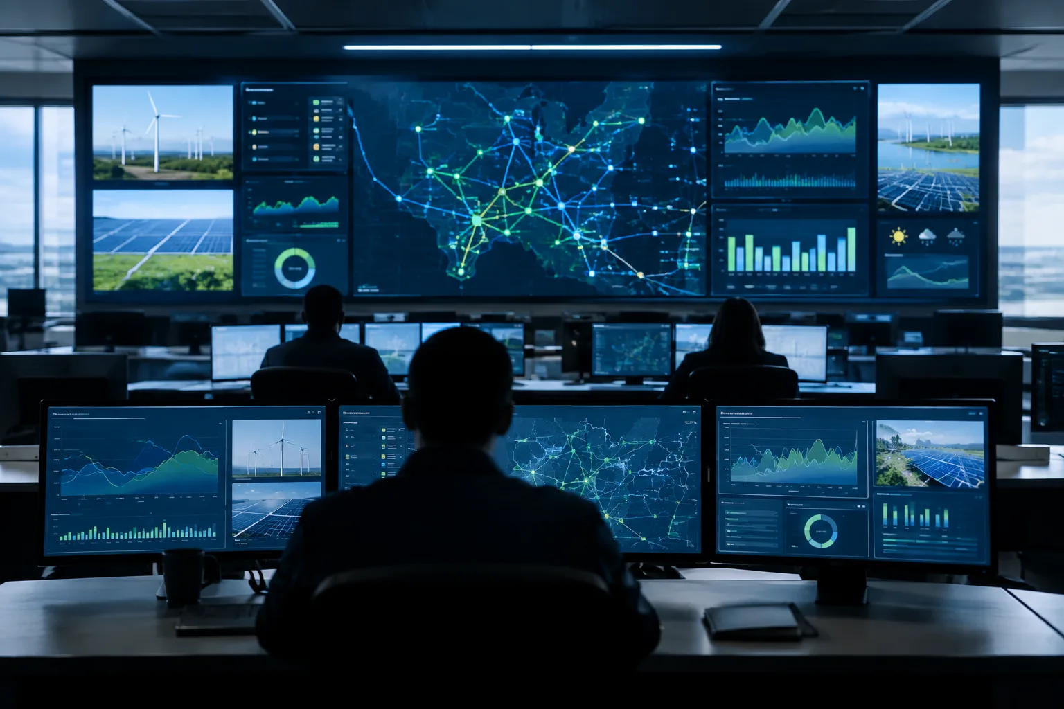 Salle de conduite d’un réseau électrique avec des opérateurs surveillant les flux et les ressources de flexibilité.