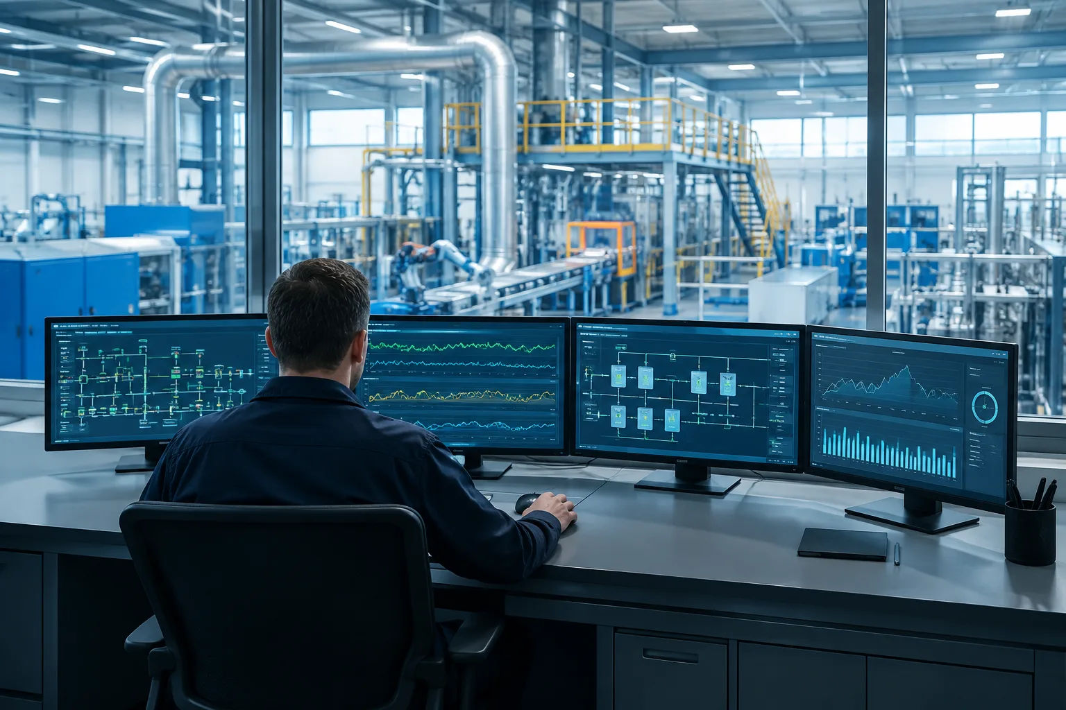 Salle de conduite industrielle où un opérateur surveille les équipements et les flux électriques.
