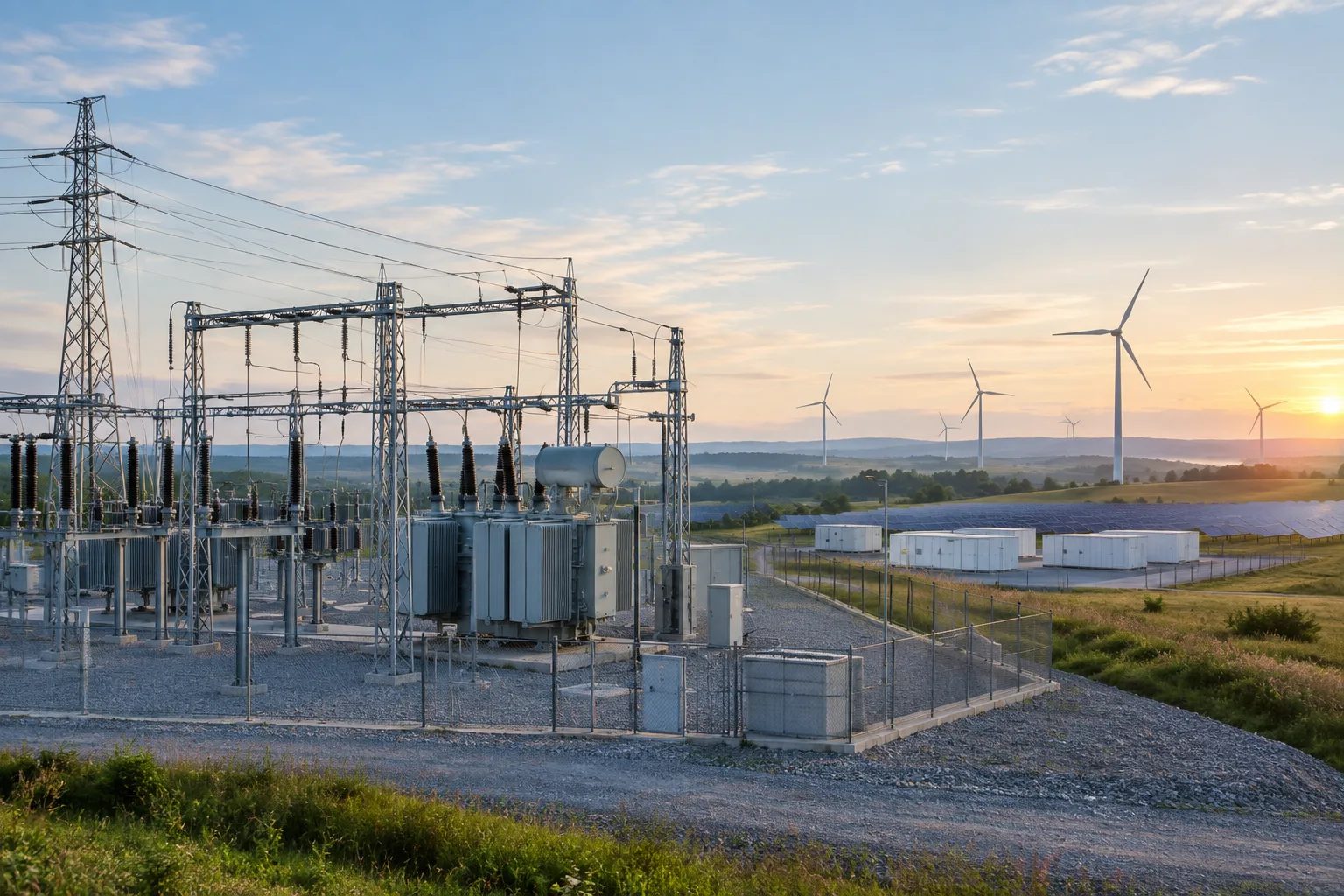 Poste électrique de distribution relié à des lignes, avec des éoliennes et des panneaux solaires en arrière-plan.