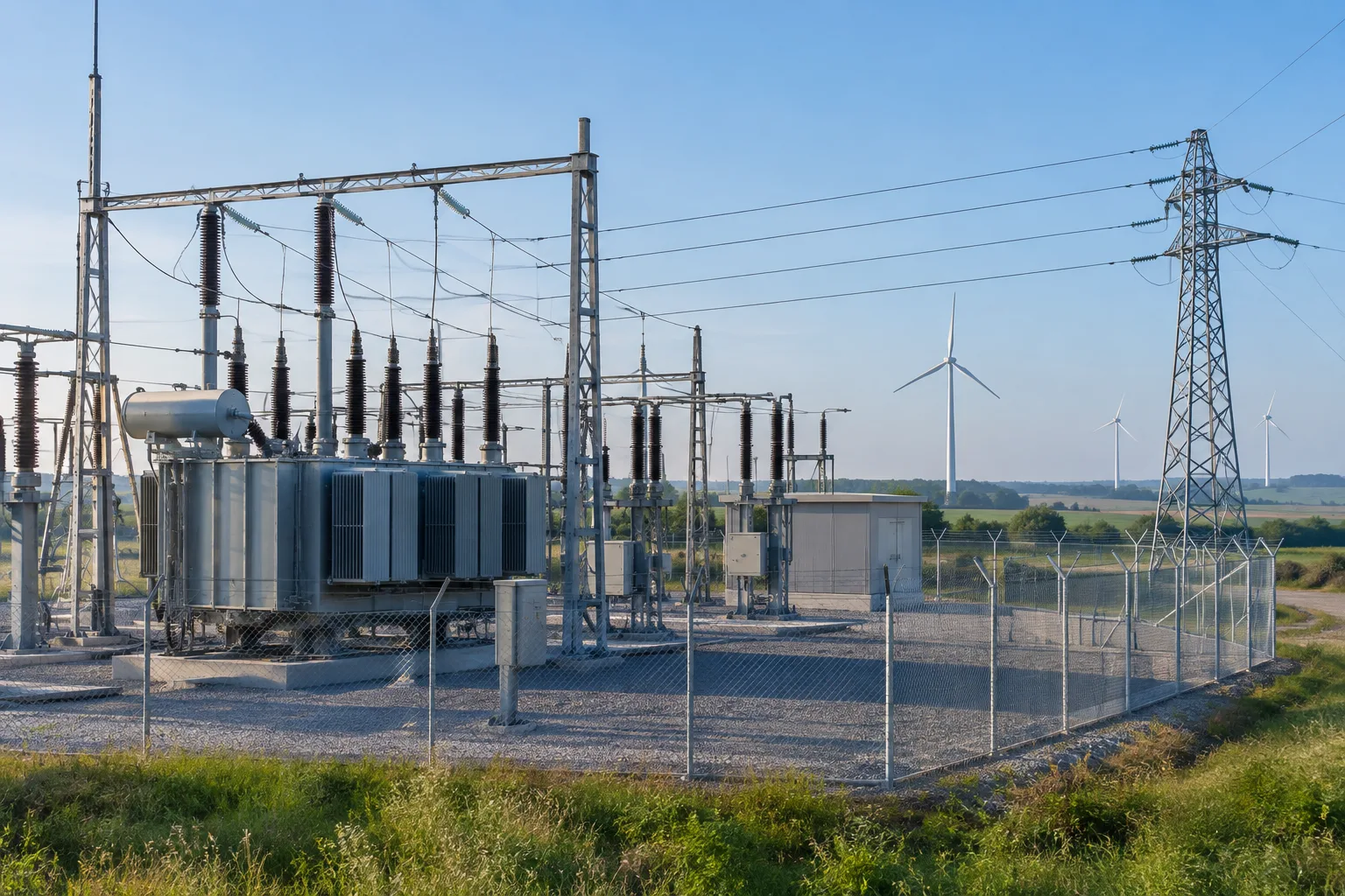 Poste électrique et lignes de distribution dans une zone accueillant des installations renouvelables.