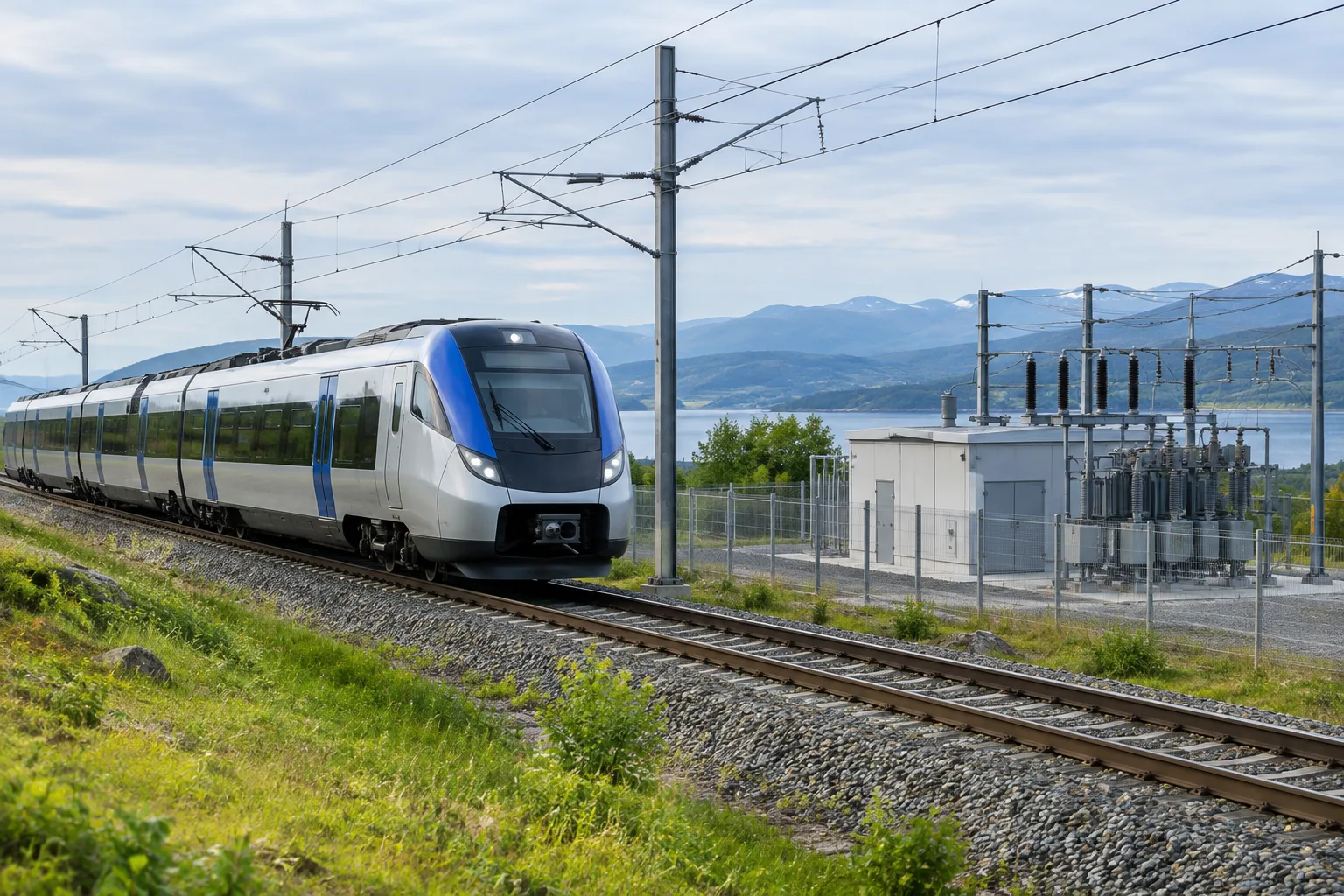 Train électrique en ralentissement sous une caténaire, avec une sous-station ferroviaire en arrière-plan.