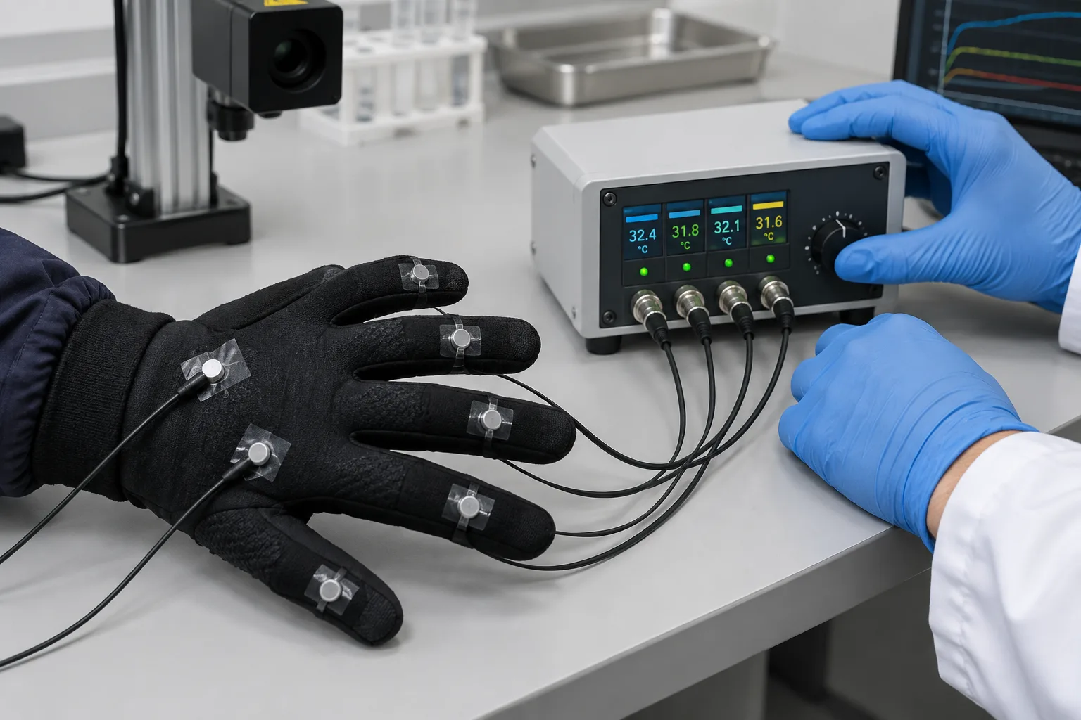 Une main gantée équipée de capteurs est testée sur un poste de mesure thermique.