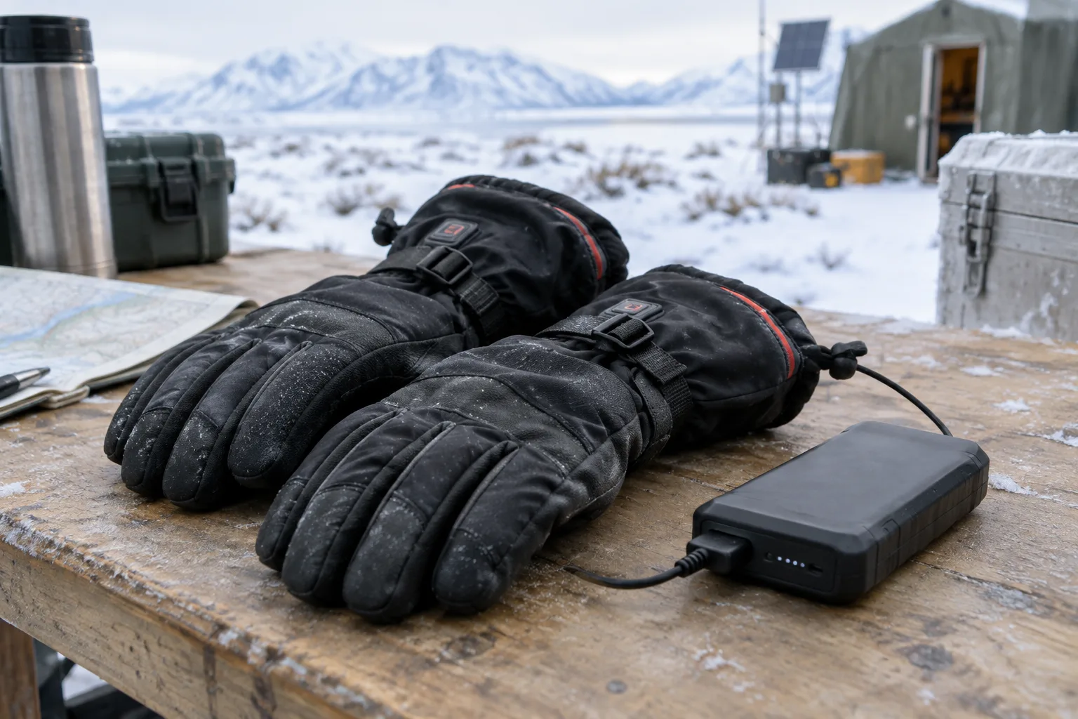 Gants isolants chauffants et batterie rechargeable posés sur un établi.