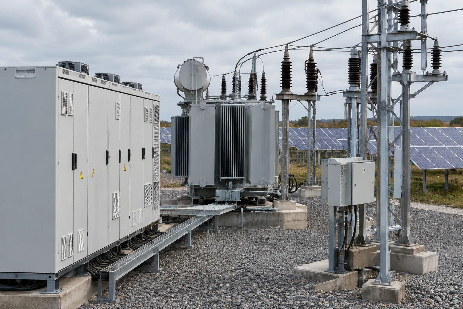 Onduleurs et transformateurs d’une installation solaire raccordée au réseau électrique.