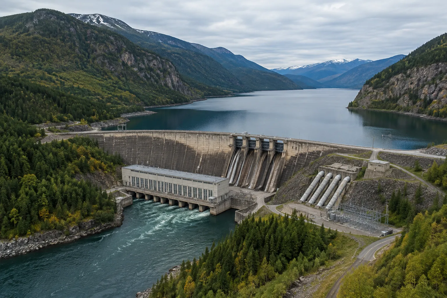 Un barrage hydroélectrique retient l’eau d’un réservoir dans une vallée montagneuse.