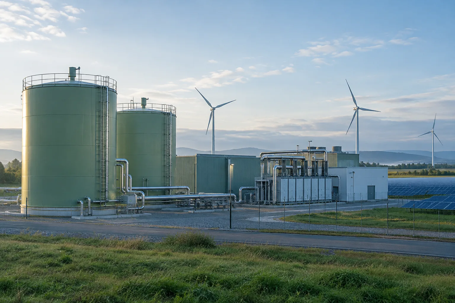 Installation de stockage d’hydrogène à proximité d’équipements industriels et d’éoliennes.