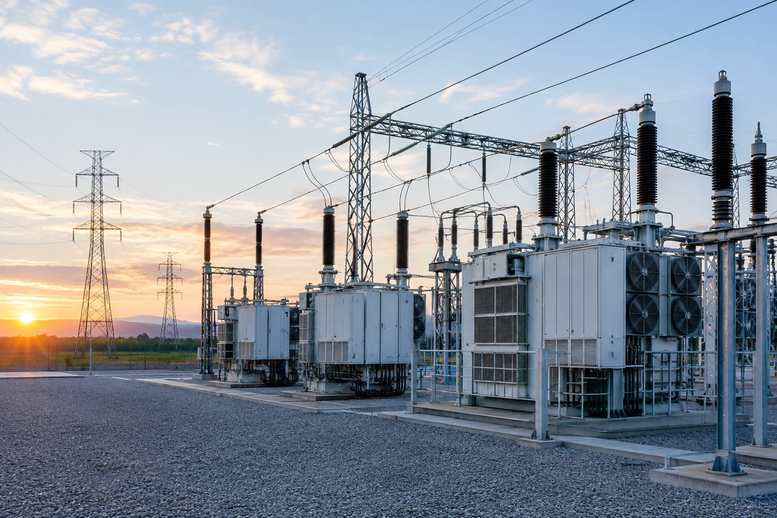 Poste électrique moderne avec des convertisseurs et des lignes à haute tension.