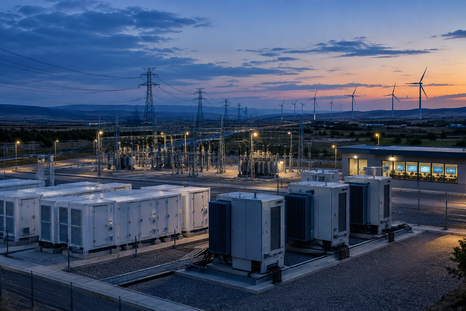 Onduleurs et batteries dans un poste électrique relié à des éoliennes.