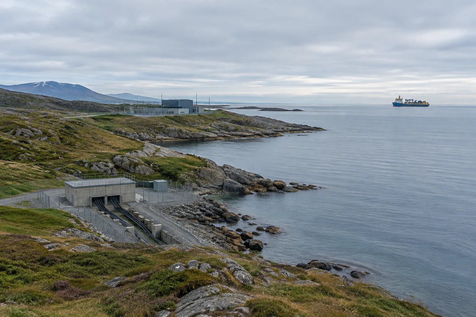 Une station de raccordement côtière associée à une interconnexion électrique sous-marine, avec un navire au large.