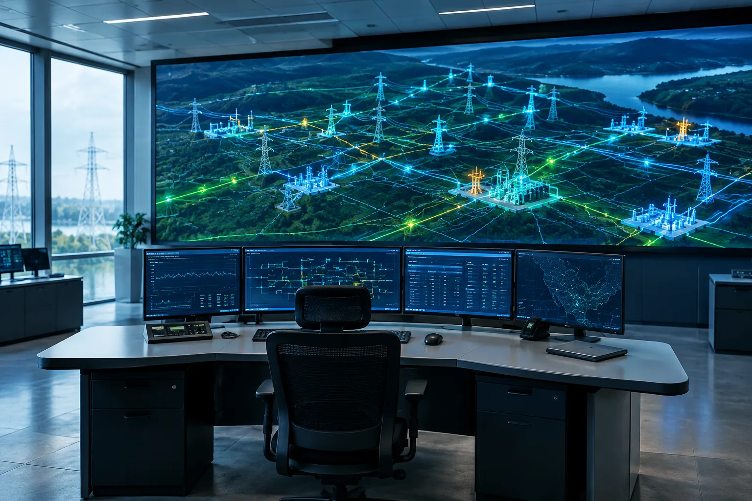 Salle de conduite électrique avec une visualisation numérique stylisée du réseau et de ses postes.