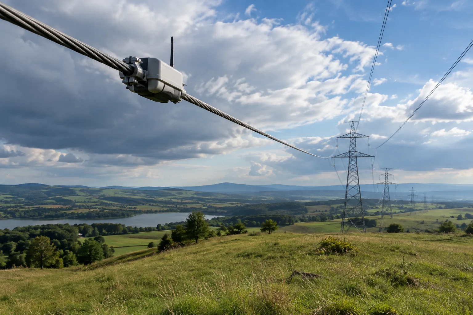 Ligne électrique à haute tension équipée d’un capteur, sous un ciel nuageux et lumineux.