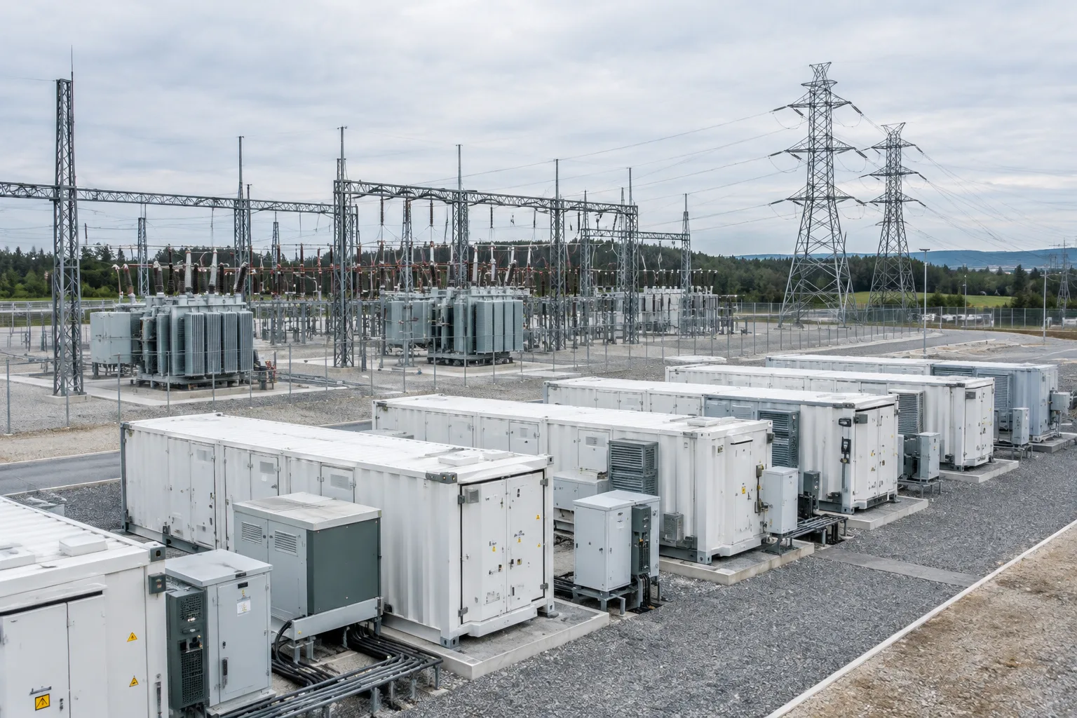 Batteries stationnaires et équipements de conversion raccordés à un poste électrique.