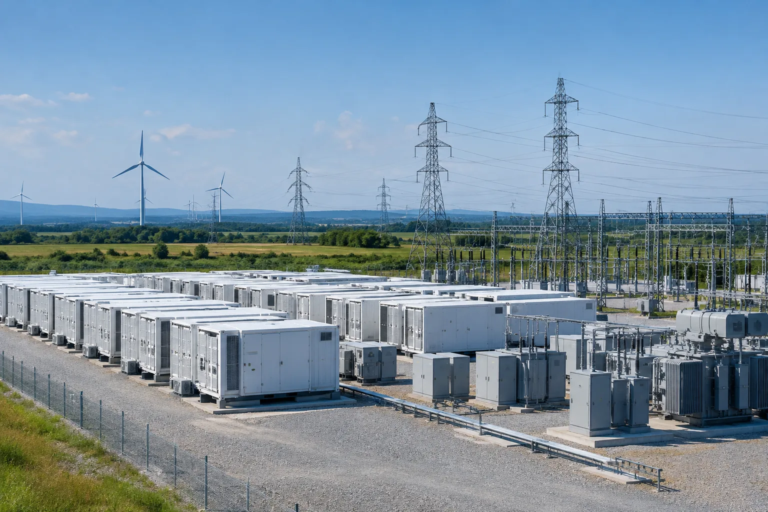 Convertisseurs d’une installation de batteries raccordée à un réseau électrique avec des éoliennes en arrière-plan.