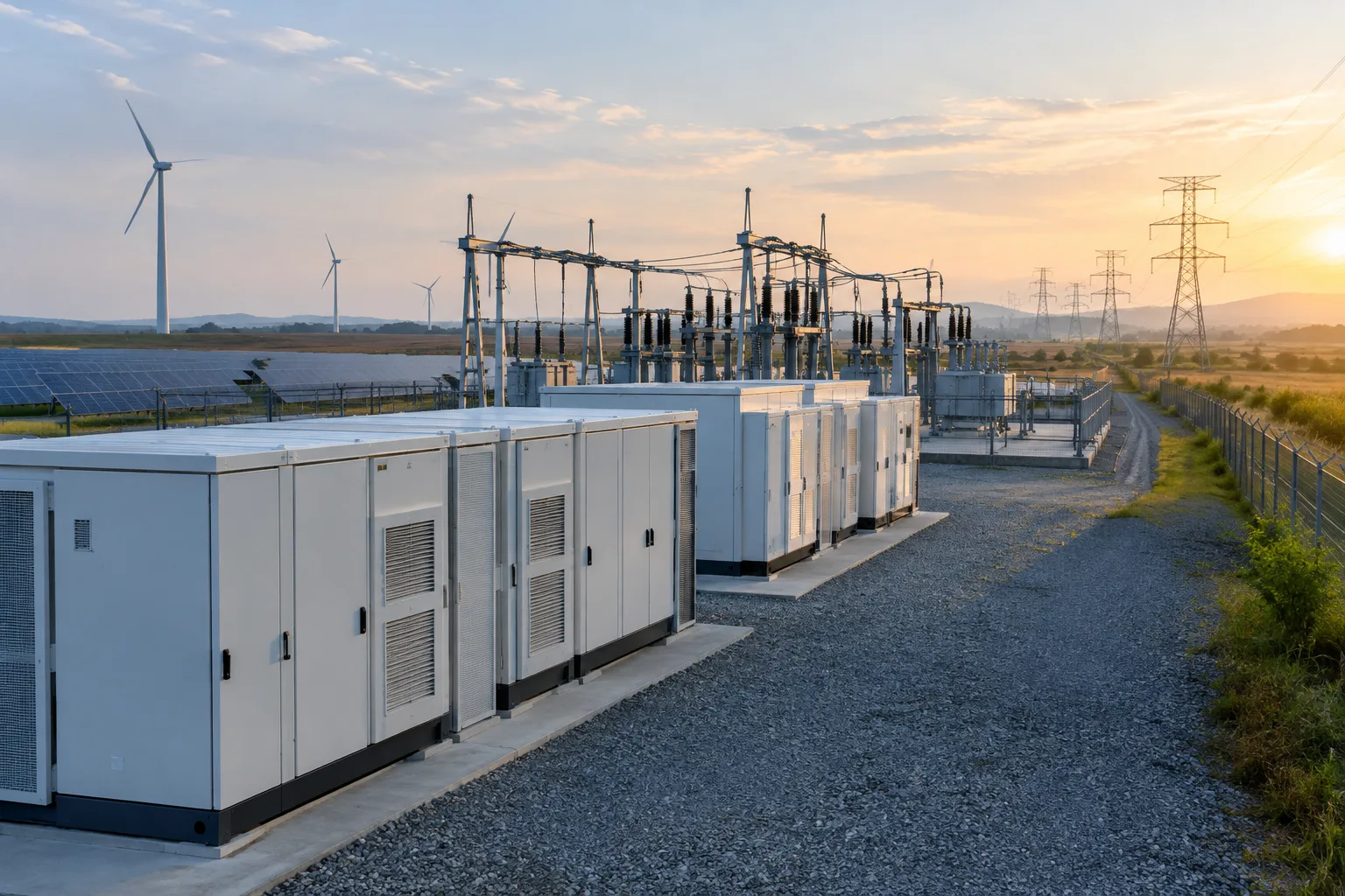 Onduleurs et batteries raccordés à un poste électrique avec des lignes de transport en arrière-plan.