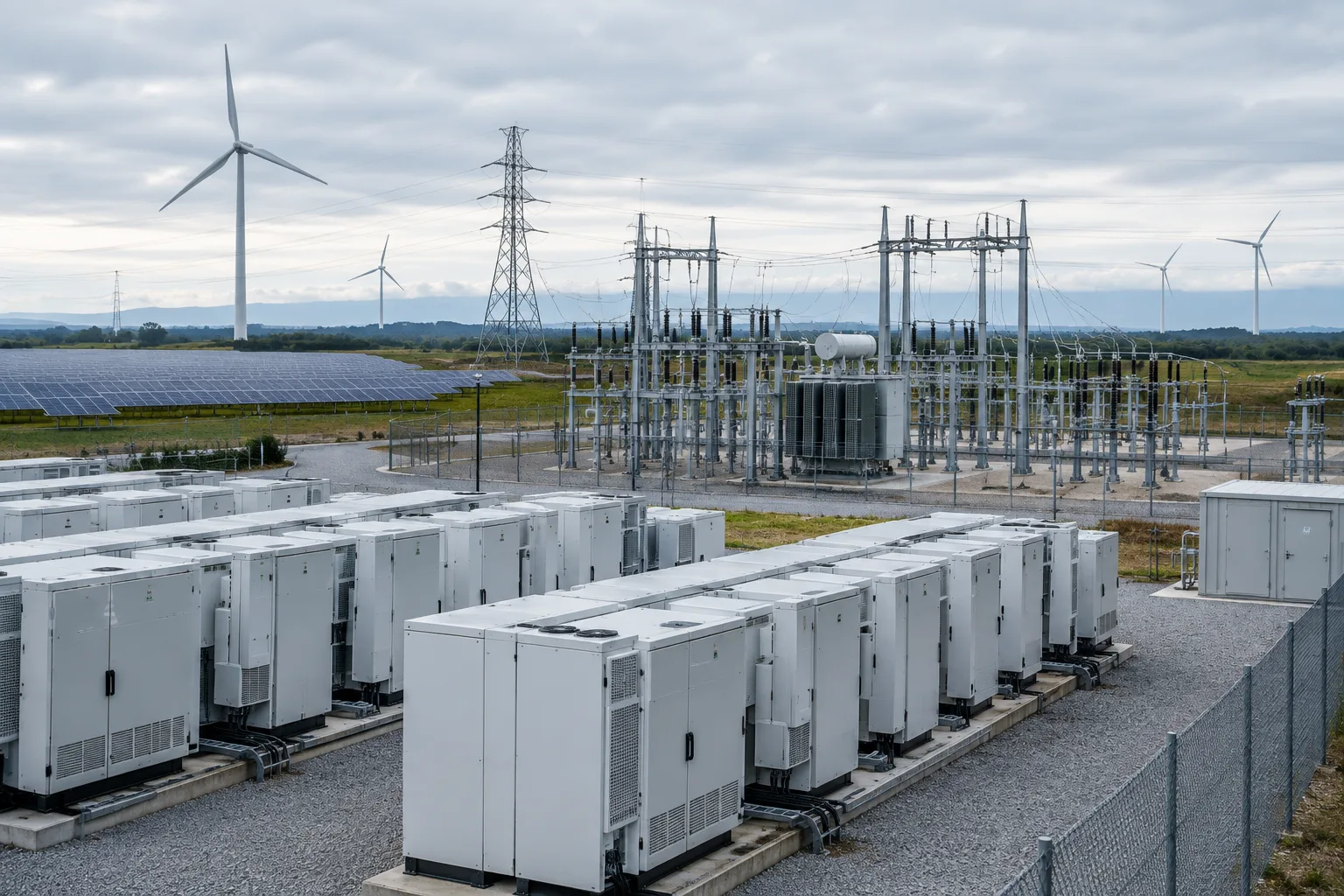 Des armoires de conversion et de stockage raccordées à un poste électrique, avec des éoliennes et des panneaux solaires en arrière-plan.