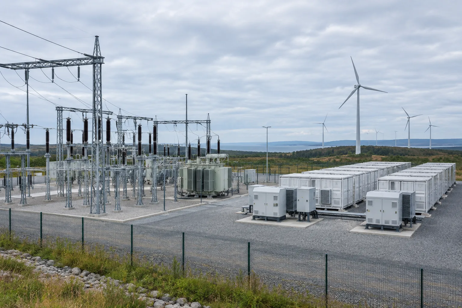 Poste électrique et conteneurs de batteries raccordés à un parc éolien.