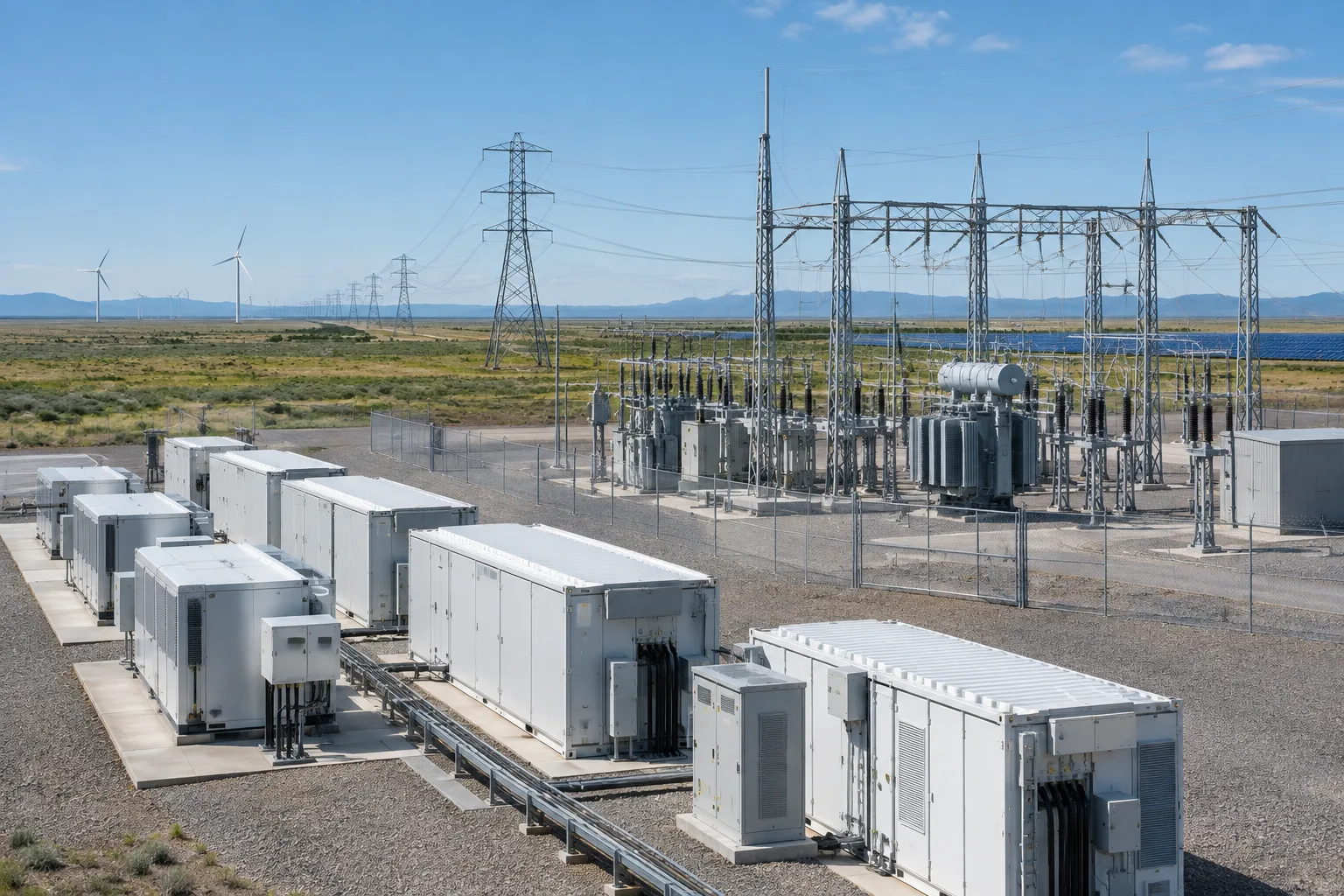 Onduleurs d’un site de batteries raccordé à une sous-station électrique.