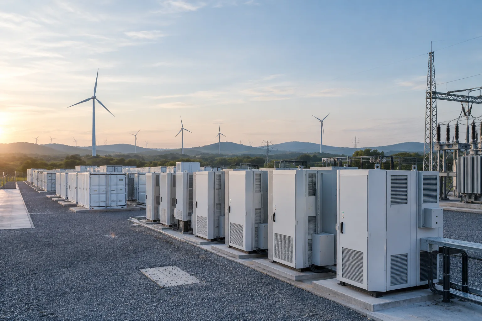 Onduleurs d’un site de batteries raccordé à un réseau électrique alimenté par des éoliennes.