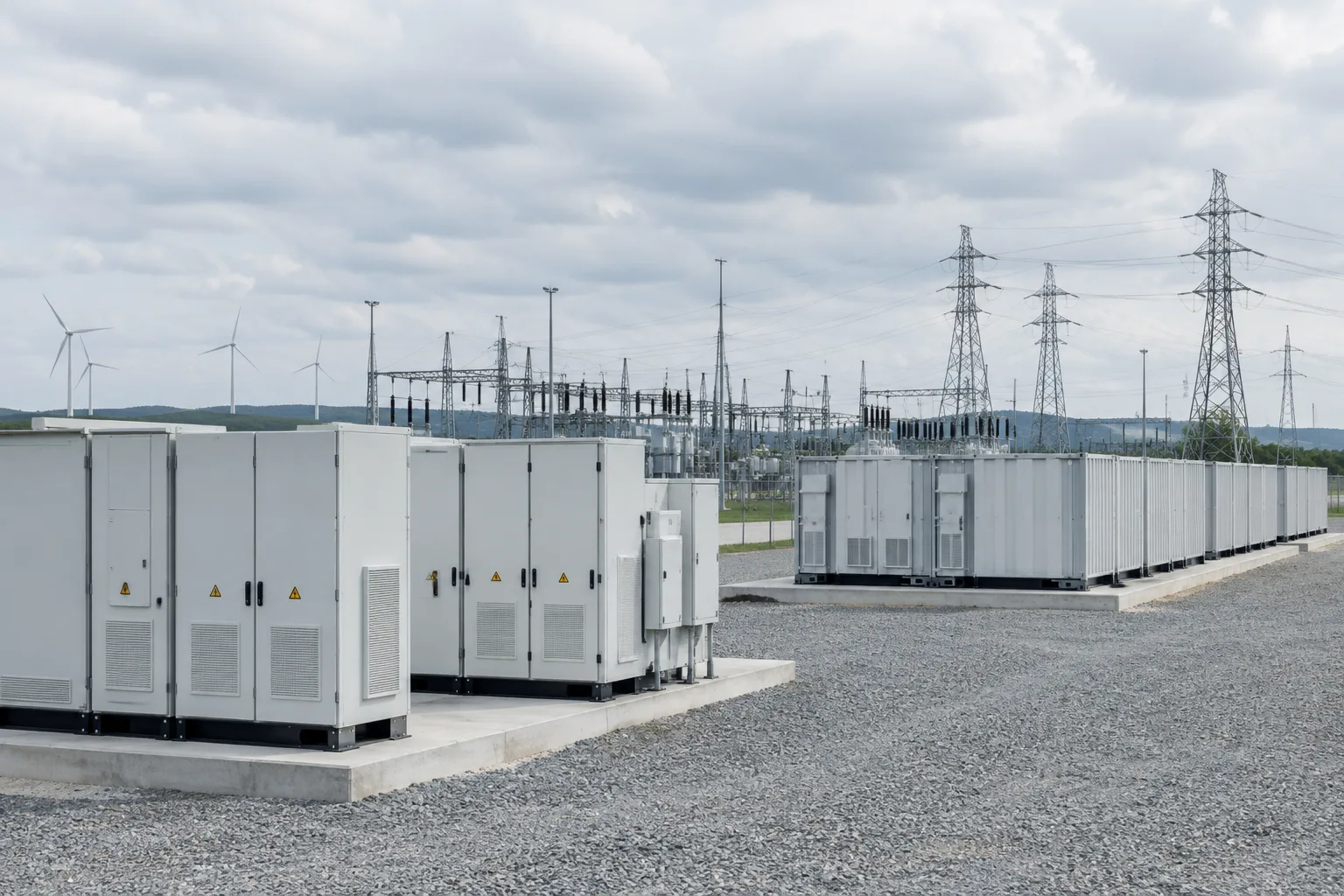 Onduleurs et équipements de stockage raccordés à un poste électrique.